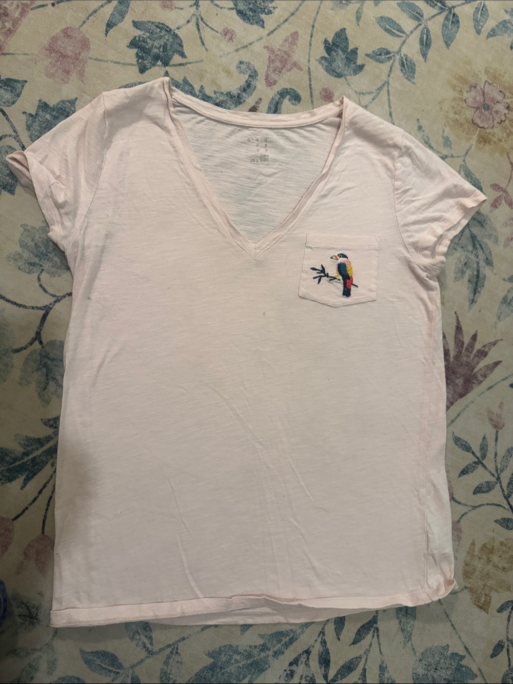 a new day Pale Pink V-Neck Pocket Tee with Parrot Patch